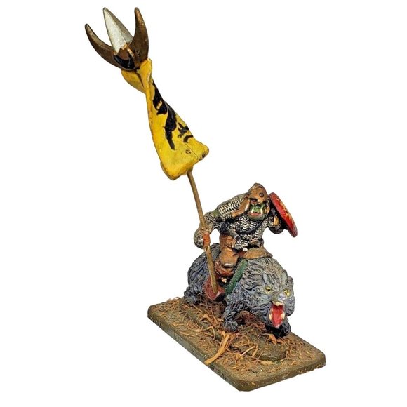 Ogre Warrior On Wolf W/ Flag Shield Miniature Figurine Statue On Stone Slab - Picture 1 of 10
